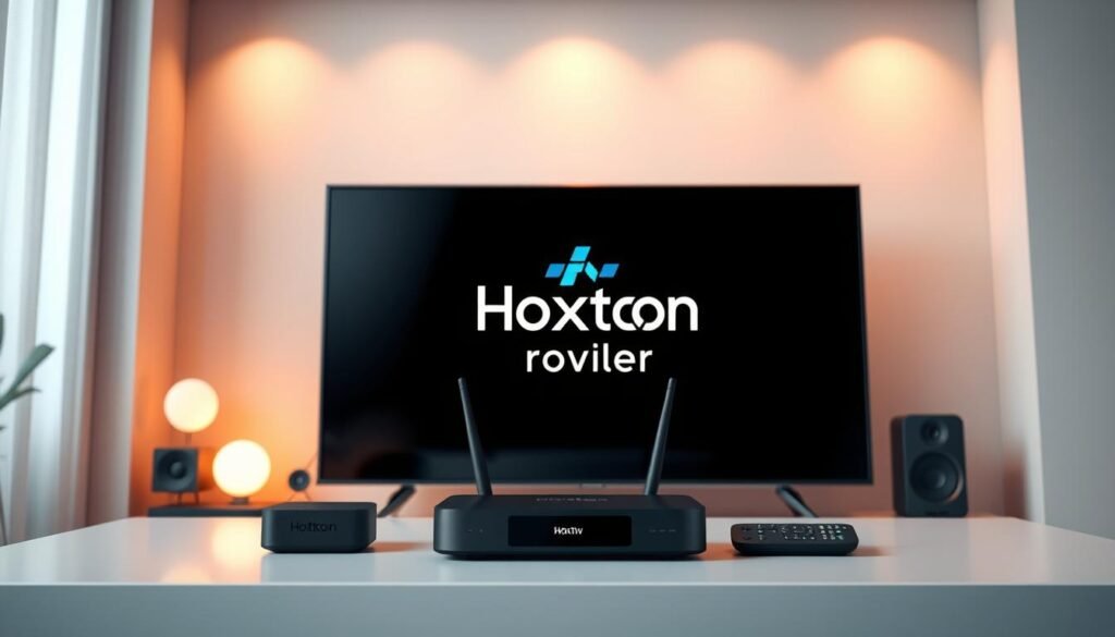 3D illustration of a sleek and modern IPTV system, featuring the Hoxtoon Provider logo prominently displayed. The setup includes a smart TV, a wireless router, and a media streaming device, all seamlessly integrated to deliver high-quality 4K live TV content. The scene is bathed in warm, inviting lighting, creating a cozy and immersive atmosphere. The composition emphasizes the ease of use and the cutting-edge technology that makes IPTV an increasingly popular choice for modern home entertainment.
