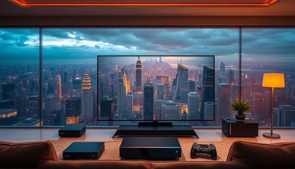 4K IPTV Streaming Technology: A Panoramic View of the Future of Entertainment A sprawling cityscape with towering skyscrapers in the background, bathed in a warm, golden glow. In the foreground, a sleek, modern living room setup with a large, 4K OLED television prominently displayed. Surrounding the TV, various cutting-edge media devices, including a Hoxtoon Provider set-top box and a powerful gaming console, showcase the depth and breadth of 4K IPTV streaming capabilities. The scene is illuminated by subtle, ambient lighting, creating a cozy and immersive atmosphere, hinting at the seamless integration of advanced technology and the pursuit of exceptional entertainment experiences.