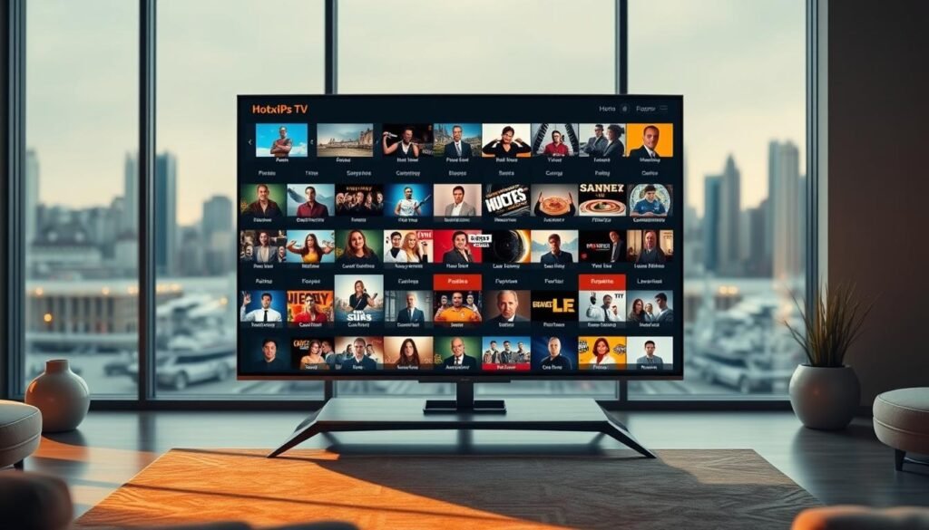 4K IPTV channels streaming seamlessly on a large modern TV screen, displaying a diverse array of high-quality live content from the Hoxtoon Provider platform. The scene is bathed in warm, natural lighting, creating a cozy and inviting atmosphere. The TV stands prominently in the foreground, surrounded by sleek, minimalist home decor elements in the middle ground. In the background, a blurred cityscape or skyline can be seen through a large window, hinting at the global connectivity and accessibility of the IPTV service. The overall composition conveys the power, versatility, and user-friendly experience of the Hoxtoon Provider 4K IPTV solution.