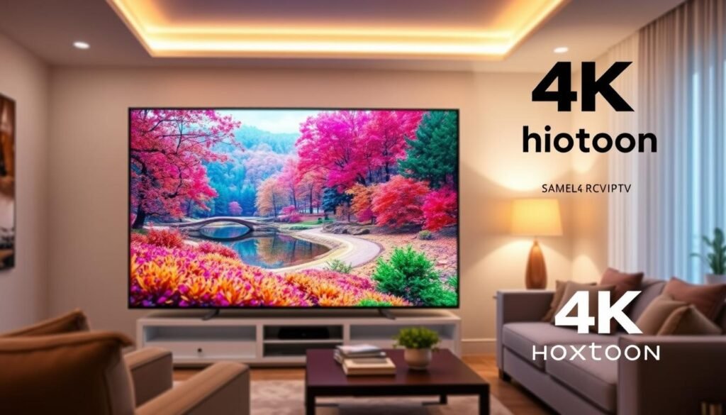 4K IPTV screen displaying a vibrant, crystal-clear video with exceptional detail and color accuracy. In the foreground, a sleek, modern HDTV showcases the exceptional picture quality, its screen filled with a vivid nature scene. The middle ground features a cozy living room setting, with comfortable furniture and soft lighting, creating an inviting atmosphere for immersive entertainment. In the background, a seamless Hoxtoon Provider logo is subtly integrated, highlighting the reliable and high-quality IPTV service powering the stunning 4K visuals. The overall scene conveys the ultimate in home entertainment, with the Hoxtoon Provider brand promising a premium 4K IPTV experience.