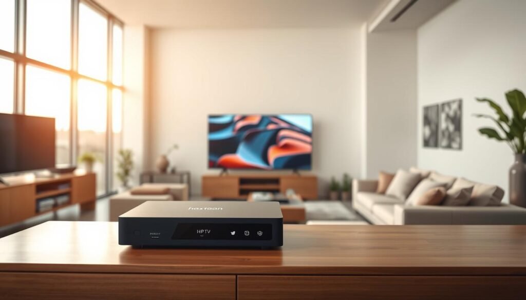 4K IPTV streaming in a modern living room setting. Bright and airy interior with large windows allowing natural light to flood the space. A sleek and minimalist TV unit in the foreground, showcasing the Hoxtoon Provider 4K IPTV streaming device. The device is connected to a high-end 4K TV, displaying vibrant, detailed imagery. In the middle ground, comfortable seating arrangement invites viewers to immerse themselves in the captivating 4K content. The background features smart home accessories, adding to the futuristic, technology-driven ambiance. Warm, inviting lighting and neutral color palette create a serene, elevated atmosphere, highlighting the revolutionary 4K IPTV experience.