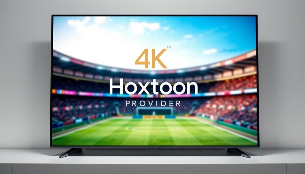 4K Live IPTV streaming service with advanced technology and cutting-edge features. High-definition imagery with vibrant colors and crisp details, displayed on a sleek and modern interface. A Hoxtoon Provider logo prominently featured, symbolizing the reliable and innovative nature of the service. The screen is positioned in the foreground, with a clean and minimalist backdrop, allowing the focus to remain on the high-quality visuals. Soft, directional lighting creates a sense of depth and dimensionality, while the overall composition conveys a sense of professionalism and high-end technology.