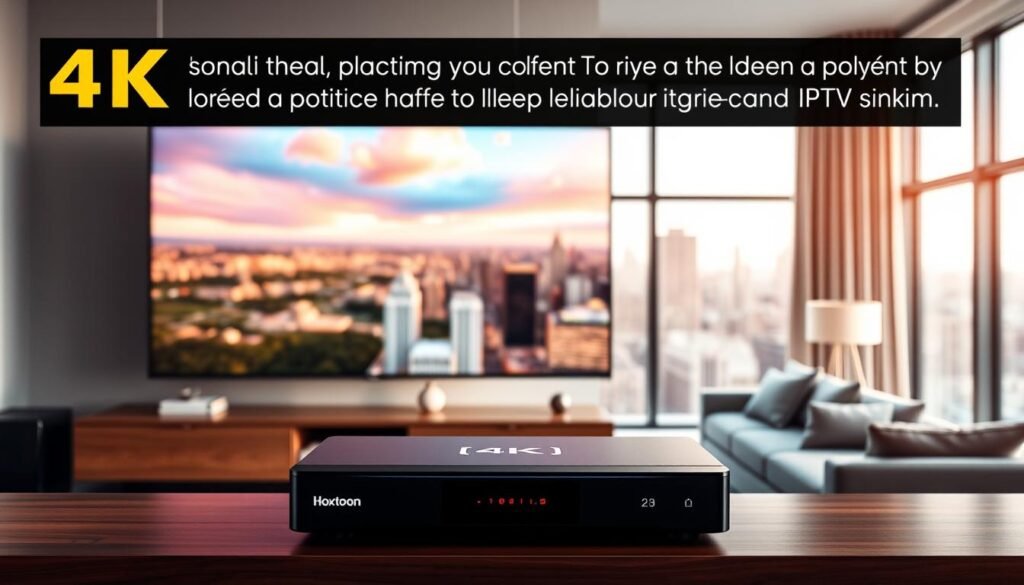 4K TV streaming service, featuring a large screen displaying high-quality video with vibrant colors and sharp details. In the foreground, a sleek Hoxtoon Provider device sits on a modern, minimalist entertainment center, its LED lights indicating a stable network connection. The middle ground showcases an immersive living room setting, with comfortable seating and ambient lighting that enhances the cinematic viewing experience. The background depicts a city skyline through large windows, suggesting the convenience of accessing a wide range of 4K content from the comfort of one's home. The scene is illuminated by natural light, creating a warm and inviting atmosphere that evokes the joy of reliable, high-quality 4K live IPTV streaming.