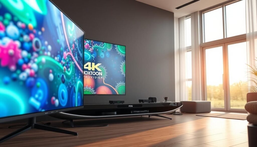 4K live IPTV streaming with realistic details, showcasing a modern home entertainment setup. In the foreground, a large, high-resolution TV screen displays a vibrant, crystal-clear live broadcast. The middle ground features a sleek, futuristic media center with the Hoxtoon Provider logo prominently displayed, surrounded by various streaming devices and cables. The background depicts a sophisticated, minimalist living room with large windows allowing natural light to filter in, creating a warm, inviting atmosphere. Soft, indirect lighting illuminates the scene, adding depth and dimension. The overall composition conveys the cutting-edge technology and immersive viewing experience of 4K live IPTV streaming, as provided by the Hoxtoon Provider.