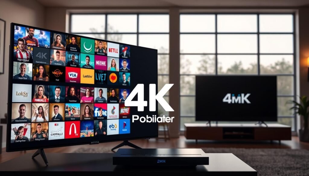 4K resolution channels with vivid, vibrant colors and sharp details. A large 4K monitor in the foreground, displaying a mosaic of different live TV channels. In the middle ground, a sleek, modern entertainment system with the Hoxtoon Provider logo prominently displayed. The background features a cozy, minimalist living room setting with large windows allowing natural light to flood the space. Soft, warm lighting creates a comfortable, immersive atmosphere. The overall scene conveys a sense of high-quality, cutting-edge entertainment that is accessible and enjoyable on any device.