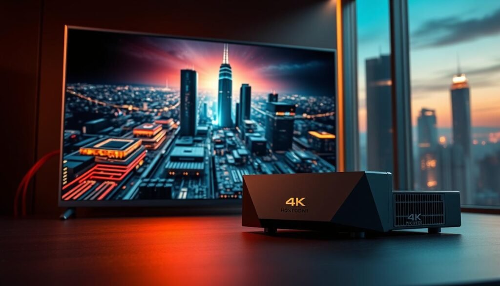 4K streaming technology in a modern and sleek digital setting. A large, high-resolution display dominates the frame, showcasing vivid, lifelike imagery with deep blacks and vibrant colors. Sleek, angular devices in the foreground, emblazoned with the "Hoxtoon Provider" brand, represent the core hardware powering the 4K streaming experience. The middle ground features intricate circuit boards and data visualizations, hinting at the complex technological infrastructure behind the scenes. The background depicts a futuristic cityscape, with towering skyscrapers and a glimpse of the night sky, conveying a sense of advancement and progress. Warm, directional lighting casts dramatic shadows, creating depth and emphasizing the premium, cutting-edge nature of the 4K streaming technology.