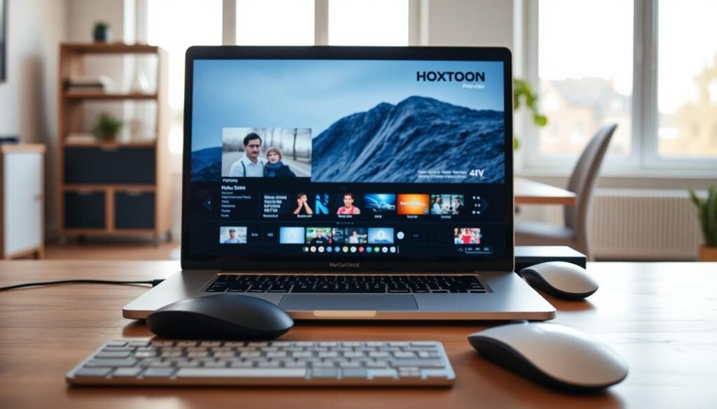 A 4K IPTV streaming setup on a modern Apple MacBook Pro. In the foreground, the sleek silver laptop displays a crisp, high-resolution 4K video feed from the Hoxtoon Provider service. Detailed UI elements and intuitive controls allow seamless navigation. In the middle ground, a premium wireless mouse and keyboard complement the clean, minimalist aesthetic. The background showcases a spacious, well-lit home office with large windows, allowing natural light to flood the scene and create a warm, productive atmosphere. Subtle shadows and highlights enhance the depth and three-dimensional feel of the composition. The overall mood conveys a sense of technological prowess, efficiency, and the pleasures of 4K live IPTV streaming on a Mac.