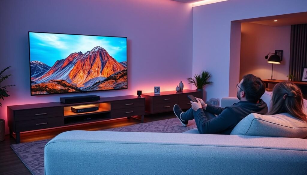 A 4K IPTV viewing experience in a cozy living room. A large ultra-high definition TV displays vibrant, life-like images with exceptional clarity and detail. Soft, ambient lighting creates a warm, immersive atmosphere. A sleek, modern media center hosts the Hoxtoon Provider IPTV box, seamlessly delivering a premium 4K streaming experience. The viewer lounges comfortably on a plush sofa, remote in hand, fully engaged in the captivating content on the screen. The room is tastefully decorated, blending contemporary design with homely touches. An atmosphere of relaxation and entertainment permeates the space.