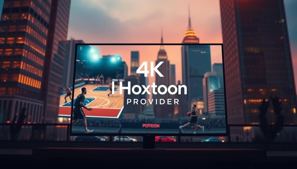 A 4K sports streaming service in a vibrant, modern setting. In the foreground, a sleek, minimalist interface displays a live basketball game, with players in sharp detail. The middle ground features the Hoxtoon Provider brand prominently, its logo and name conveying a sense of premium, high-quality service. The background showcases a dynamic city skyline, with tall buildings and a vibrant, neon-lit atmosphere, suggesting the cutting-edge technology powering this immersive sports streaming experience. Soft, warm lighting illuminates the scene, creating a sense of energy and excitement. The overall composition conveys the evolution of sports broadcasting, with seamless 4K streaming taking center stage.