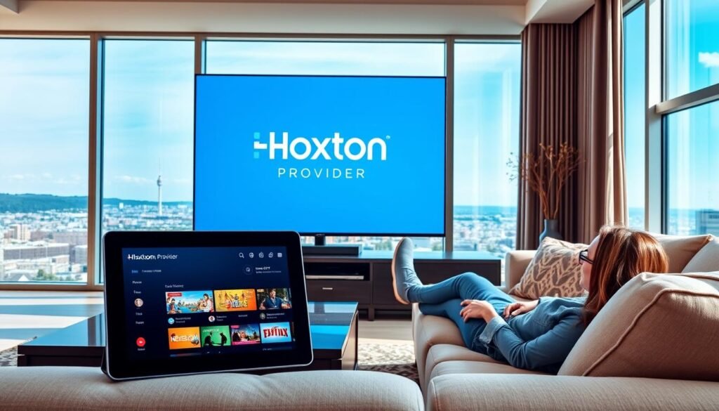 A bright and modern living room with a sleek HDTV displaying the Hoxtoon Provider logo. The room is bathed in natural light, with large windows overlooking a scenic cityscape. On the coffee table, a tablet showcases the Hoxtoon 4K Live IPTV interface, highlighting its intuitive navigation and high-quality video streams. In the foreground, a person is lounging comfortably on a plush sofa, their attention captured by the vivid, crystal-clear picture quality. The overall atmosphere conveys the convenience, entertainment, and benefits of 4K Live IPTV streaming with Hoxtoon Provider.