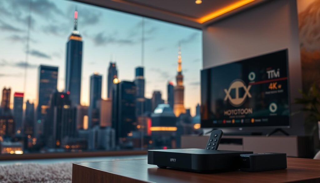 A bustling cityscape at dusk, with towering skyscrapers and neon lights illuminating the night sky. In the foreground, a modern living room setup showcases the latest IPTV technology from Hoxtoon Provider, with a sleek 4K television and a state-of-the-art streaming device. Soft lighting and warm tones create a cozy, inviting atmosphere, while subtle camera angles and depth of field emphasize the seamless integration of this cutting-edge entertainment system into the American home. The overall scene conveys the evolution of television entertainment, blending the urban landscape with the comforts of modern, technology-driven living.