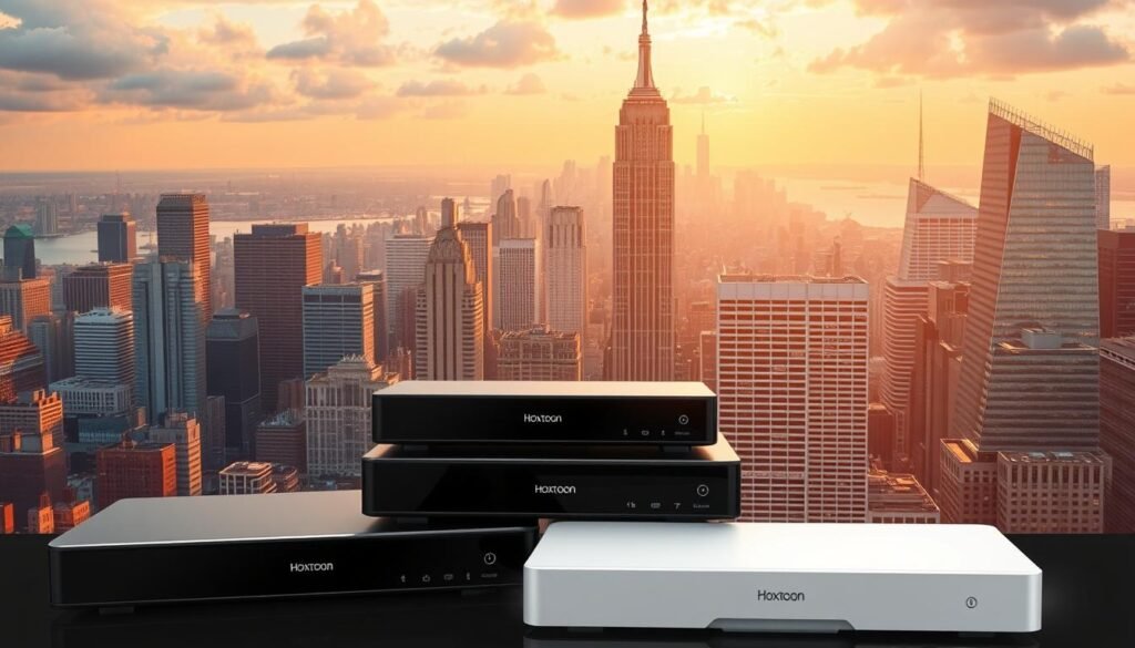 A bustling cityscape filled with towering skyscrapers against a vibrant skyline. In the foreground, a cluster of sleek, high-tech devices representing the latest IPTV services in the USA, including the "Hoxtoon Provider" brand. The scene is bathed in a warm, golden light, conveying a sense of modernity and progress. The overall composition suggests the rapid growth and technological advancements transforming the IPTV landscape in the country.