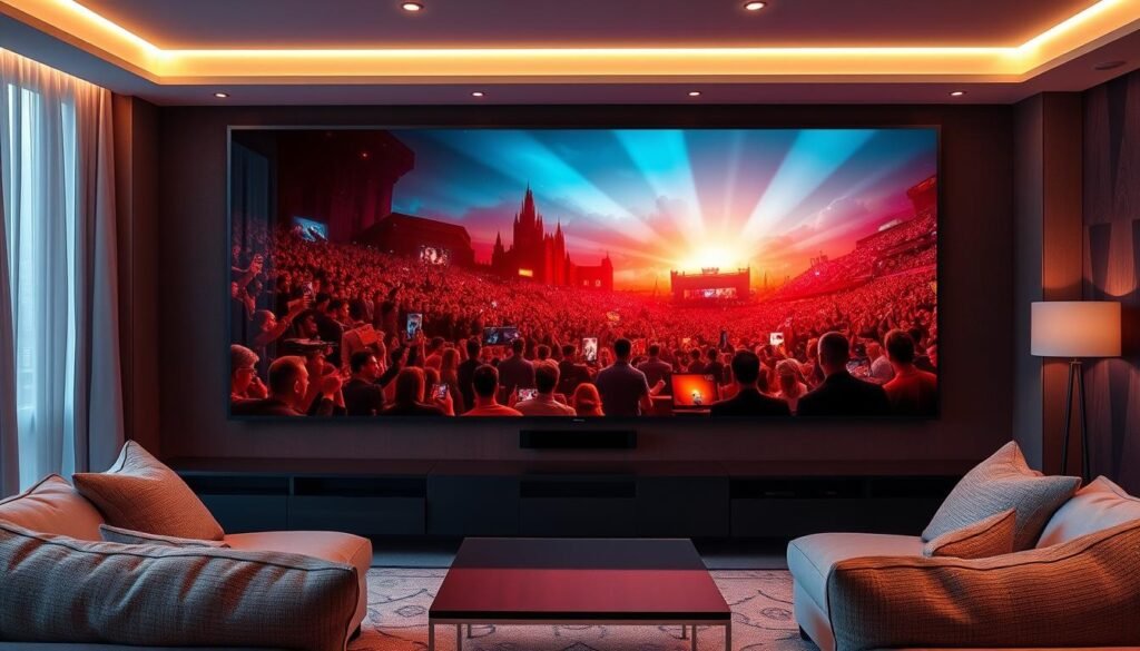 A cinematic 4K Ultra HD movie theater experience comes alive in a high-tech living room. Vibrant theater-grade visuals with rich colors and deep blacks fill a large widescreen display, framed by sleek modern furniture. Hoxtoon Provider's cutting-edge IPTV service delivers premium 4K live movie channels, offering film enthusiasts an unparalleled viewing experience from the comfort of home. Soft ambient lighting and plush seating create a cozy, immersive atmosphere, perfect for movie marathons. Cinematic camera angles and a sense of depth and scale showcase the captivating 4K visuals. The scene exudes a mood of excitement and escape, inviting the viewer to sit back, relax, and get lost in the magic of the movies.