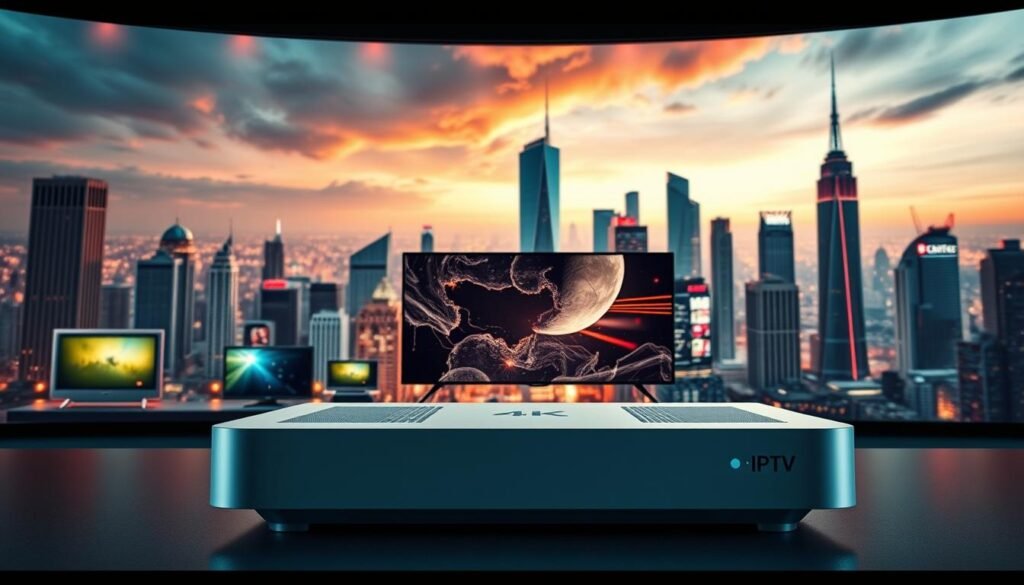 A cinematic wide-angle shot of a sleek, futuristic IPTV set-top box positioned prominently in the foreground, its minimalist design accentuated by warm, directional lighting. In the middle ground, a montage of evolving television technologies - from bulky CRT sets to modern 4K displays, representing the historical progression from traditional cable to the cutting-edge Hoxtoon Provider IPTV service. The background features a striking cityscape, with towering skyscrapers and a vibrant, neon-lit urban landscape, symbolizing the digital transformation and technological advancements that have shaped the modern television landscape.