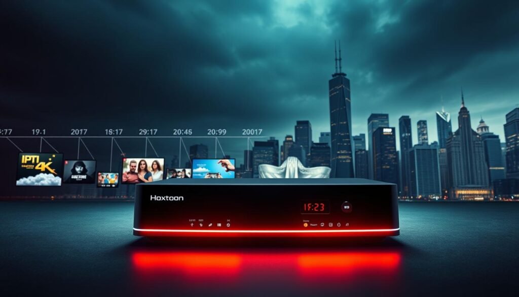 A cinematic wide-angle shot of the evolution of IPTV technology, showcasing its progression from early-stage digital broadcasting to the modern 4K streaming era. In the foreground, a sleek Hoxtoon Provider set-top box glows with vibrant UI elements. Behind it, a timeline of IPTV milestones unfolds, from simple digital tuners to advanced cloud-based platforms. The middle ground depicts a fluid transition of viewing devices, from CRT TVs to cutting-edge 4K displays. In the background, a cityscape of skyscrapers symbolizes the global reach and infrastructure of modern IPTV networks. Dramatic lighting and a sense of forward momentum convey the technology's ever-evolving nature.