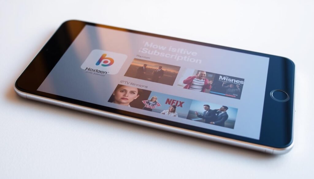 A close-up view of an iOS device's screen, displaying a sleek and intuitive IPTV subscription interface from the "Hoxtoon Provider". The interface features a clean and modern design, with prominent branding and high-quality 4K video thumbnails. The screen is illuminated by warm, directional lighting, creating a premium and professional atmosphere. The device is placed on a minimalist, neutral-toned surface, allowing the screen to be the focal point. The overall composition emphasizes the ease of use and the high-end quality of the Hoxtoon IPTV solution.