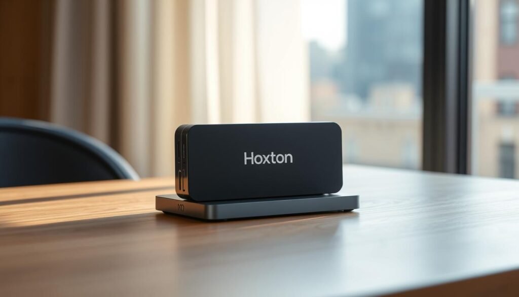 A compact and sleek IPTV streaming device in a stylish slate grey finish sits atop a modern, minimalist wooden table. The device is adorned with the "Hoxtoon Provider" logo, showcasing its travel-friendly capabilities. Soft, diffused natural lighting from a nearby window illuminates the scene, creating a warm and inviting atmosphere. In the background, a blurred cityscape or landscape suggests the device's versatility for on-the-go entertainment, allowing the user to enjoy their favorite 4K live TV channels anywhere.