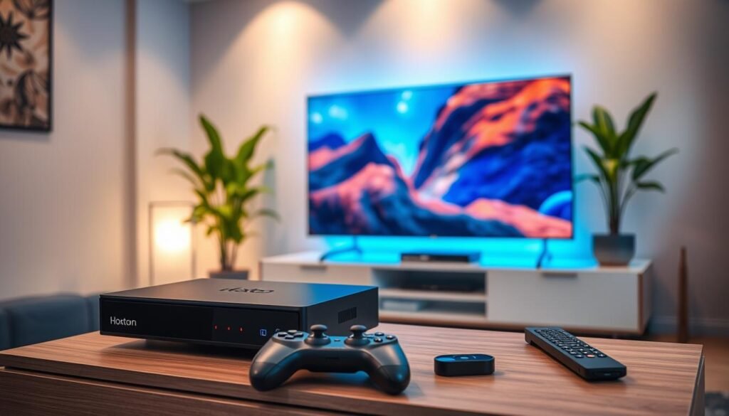 A cozy and well-equipped IPTV 4K streaming setup. In the foreground, a Hoxtoon Provider streaming box sits atop a sleek, modern media cabinet, its LED indicators glowing softly. Nearby, a high-quality 4K HDR television displays vibrant, crystal-clear imagery. The middle ground features a wireless gaming controller and a sophisticated remote control, ready for seamless navigation. The background showcases a minimalist, clutter-free living room environment, with indirect lighting and lush, verdant houseplants adding a touch of tranquility. The overall atmosphere exudes a sense of technological sophistication and comfort, inviting the viewer to imagine an immersive, high-quality 4K IPTV viewing experience.
