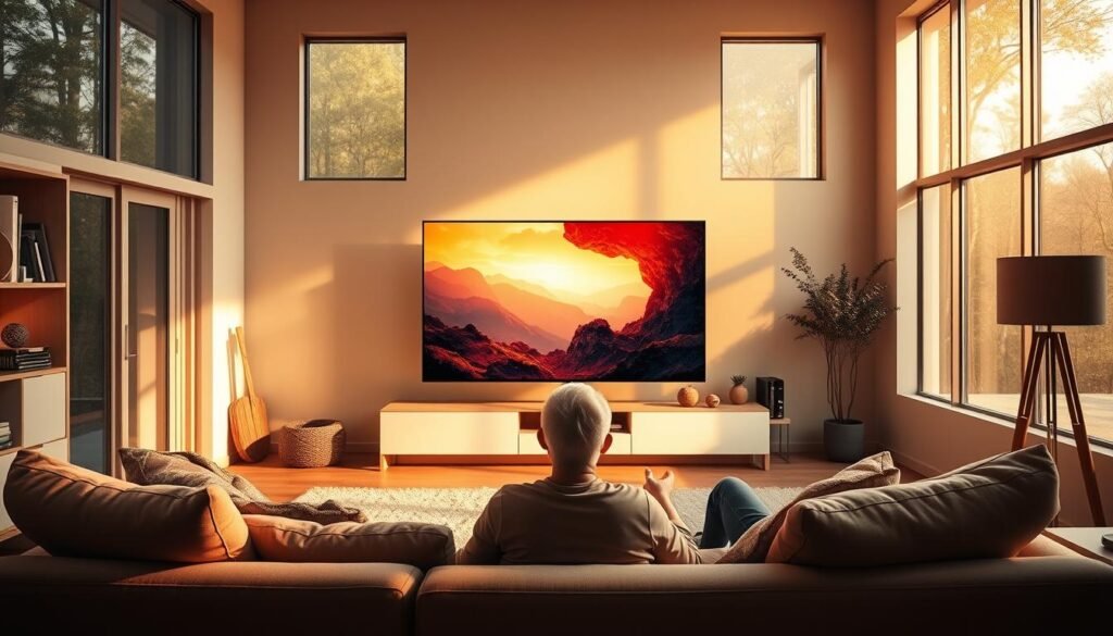 A cozy living room bathed in warm, natural lighting through large windows. In the center, a high-end 4K IPTV display from Hoxtoon Provider showcases vibrant, ultra-detailed imagery. The viewer sits comfortably on a plush sofa, fully immersed in the cinematic 4K experience, with a sense of peace and relaxation. The room's design features modern, minimalist decor that complements the crisp, vivid picture quality. Soft ambient lighting and muted tones create a serene, inviting atmosphere, highlighting the benefits of choosing a premium 4K IPTV service for endless entertainment.
