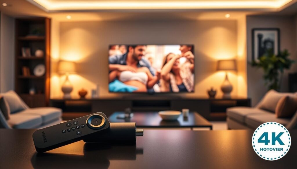 A cozy living room setting, with a Firestick prominently displayed on a sleek entertainment center. The room is bathed in warm, ambient lighting, creating a inviting and relaxing atmosphere. In the foreground, a Hoxtoon Provider logo is visible, indicating a high-quality 4K IPTV service. The middle ground showcases a large, high-definition television, displaying vivid, lifelike 4K content. In the background, subtle and tasteful decor elements complement the overall scene, conveying a sense of modern, sophisticated style. The composition is carefully balanced, drawing the viewer's eye to the key elements of the 4K IPTV experience.