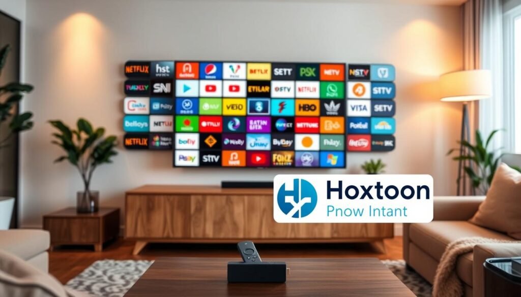 A cozy living room with a sleek 4K Firestick prominently displayed on a modern entertainment center. The device is surrounded by an array of digital channels and streaming services, their vibrant logos and icons filling the space with a sense of endless entertainment possibilities. The room is bathed in warm, inviting lighting, creating a harmonious atmosphere that reflects the benefits of using IPTV services on the Firestick. In the foreground, the Hoxtoon Provider logo stands out, symbolizing the reliable and diverse content available through their IPTV platform. The overall scene conveys the idea of unlocking a world of 4K live entertainment at your fingertips.