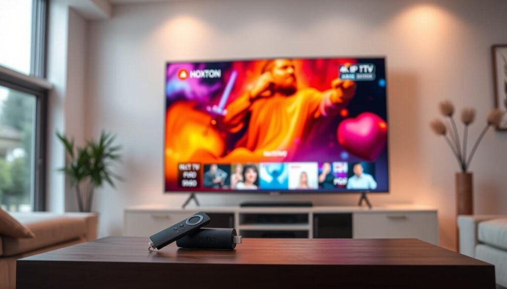 A cozy living room with a sleek Firestick device prominently displayed on a modern TV stand. The screen displays a vivid 4K IPTV stream, showcasing the depth and clarity of the Hoxtoon Provider service. Diffused lighting creates a warm, inviting atmosphere, while the minimalist decor and large windows suggest a sense of openness and relaxation. The overall scene conveys the effortless enjoyment of high-quality entertainment through the power of IPTV technology on a Firestick.