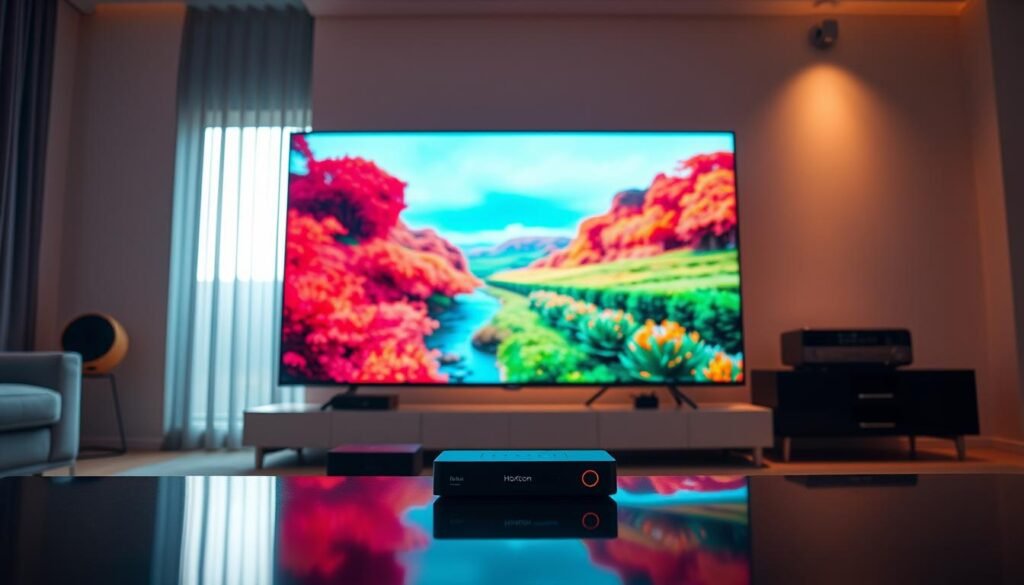 A crisp, cinematic 4K IPTV display setup, showcasing the Hoxtoon Provider's advanced streaming technology. In the foreground, a sleek, modern TV set displays vibrant, high-resolution footage, with a subtle reflection on the glossy screen. The middle ground features an array of streaming devices, including a Hoxtoon set-top box, subtly integrated into the scene. The background depicts a minimalist, monochromatic living room setting, accentuated by warm, directional lighting that creates a cozy, immersive atmosphere. The overall composition emphasizes the superior visual quality and seamless integration of the Hoxtoon 4K IPTV system, showcasing its ability to elevate the home entertainment experience.