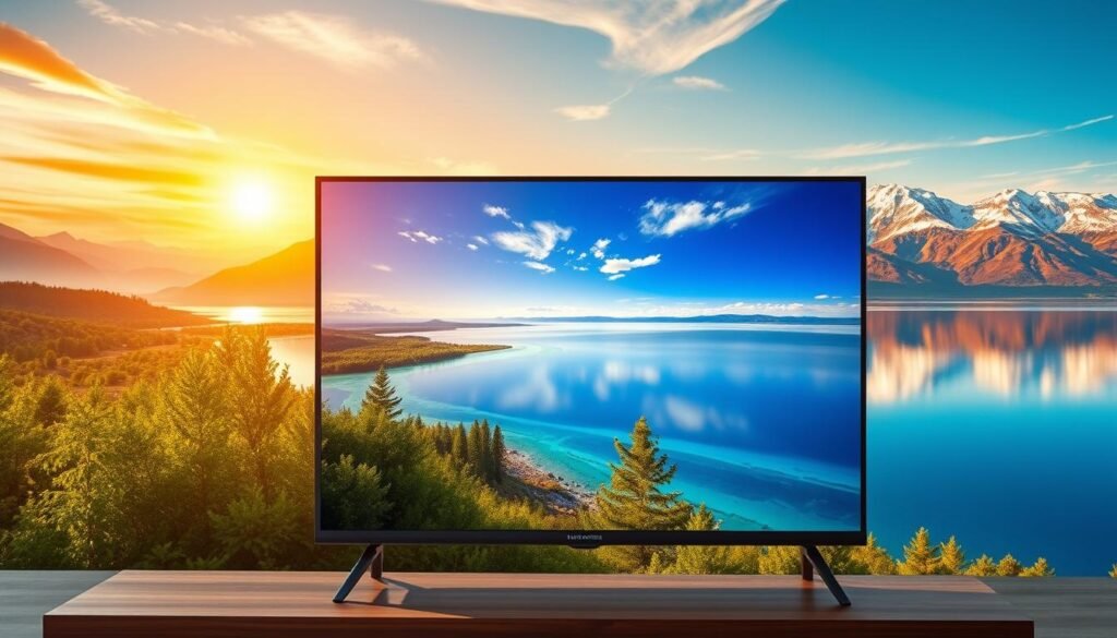 A crystal clear 4K resolution landscape showcasing a stunning natural vista, with a serene lake reflecting the vibrant hues of the sky. In the foreground, a modern, sleek television set displays crisp, high-definition footage from the "Hoxtoon Provider" live IPTV service, highlighting the exceptional visual quality and lack of buffering. The middle ground features lush, verdant vegetation, while the background is dominated by majestic, snow-capped mountains bathed in a warm, golden light. The entire scene radiates a sense of tranquility and immersion, conveying the remarkable viewing experience enabled by the "Hoxtoon Provider" 4K live IPTV offering.