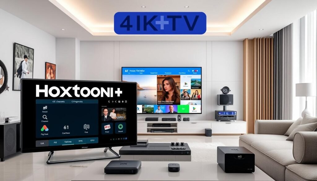 A detailed and technical image depicting a 4K live IPTV system with an electronic program guide (EPG) interface. The foreground shows the Hoxtoon Provider logo and branding, with a sleek and modern UI displaying live channels, program information, and EPG controls. The middle ground showcases a TV screen displaying high-quality 4K video content, surrounded by various smart devices and networking equipment. The background features a clean, minimalist interior design with ample natural lighting, conveying a sense of comfort and high-end technology. The overall mood is one of sophistication, efficiency, and technological prowess.