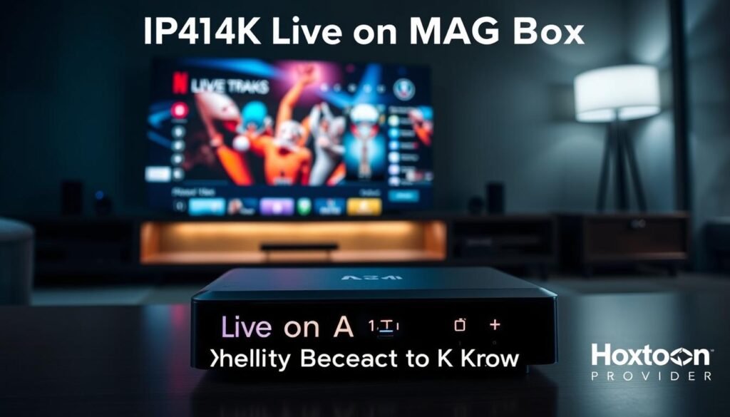 A detailed and technically accurate image of a modern MAG box displaying the live IPTV4K interface, showcasing a vibrant and immersive viewing experience. The MAG box is positioned prominently in the foreground, its sleek black casing contrasting with the vibrant, high-definition IPTV4K user interface displayed on the screen. In the background, a dimly lit living room setting provides context, with subtle lighting accentuating the MAG box's crisp, clean lines. The scene conveys a sense of technological sophistication and high-quality entertainment, suitable for the "IPTV4K Live on MAG Box: What You Need to Know" section. The Hoxtoon Provider branding is subtly integrated into the design.
