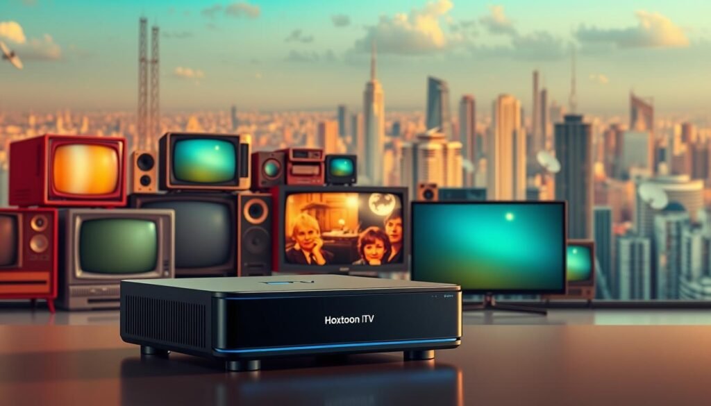A detailed and vibrant 3D illustration depicting the evolution of television technology, showcasing the transition from traditional cable TV to the modern IPTV landscape. In the foreground, a sleek and futuristic IPTV set-top box, branded with the "Hoxtoon Provider" logo, stands prominently. The middle ground features a collage of historical TV sets, from old-fashioned CRT models to the latest flat-screen displays, representing the progression of hardware. The background is a panoramic cityscape, with skyscrapers and satellite dishes, symbolizing the global reach and infrastructure of the IPTV revolution. The scene is bathed in a warm, cinematic lighting, creating a sense of technological advancement and innovation. The overall composition conveys the message of the seamless evolution of television, from its humble beginnings to the cutting-edge IPTV solutions provided by Hoxtoon.