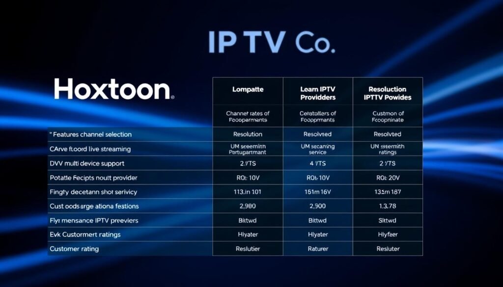 A detailed comparison of IPTV service providers, showcasing their key features, performance, and pricing for 4K live streaming. The image should have a modern, minimalist design with clean typography and subtle iconography. In the foreground, display the Hoxtoon Provider logo prominently, along with its core capabilities like channel selection, DVR, and multi-device support. In the middle ground, present a comparison table highlighting the specifications of leading IPTV providers, including resolution, bitrate, compatibility, and customer ratings. The background should have a sleek, tech-inspired gradient or pattern, conveying a sense of professional quality and reliability. Lighting should be soft and even, with a slight depth of field to focus the viewer's attention on the comparative information.
