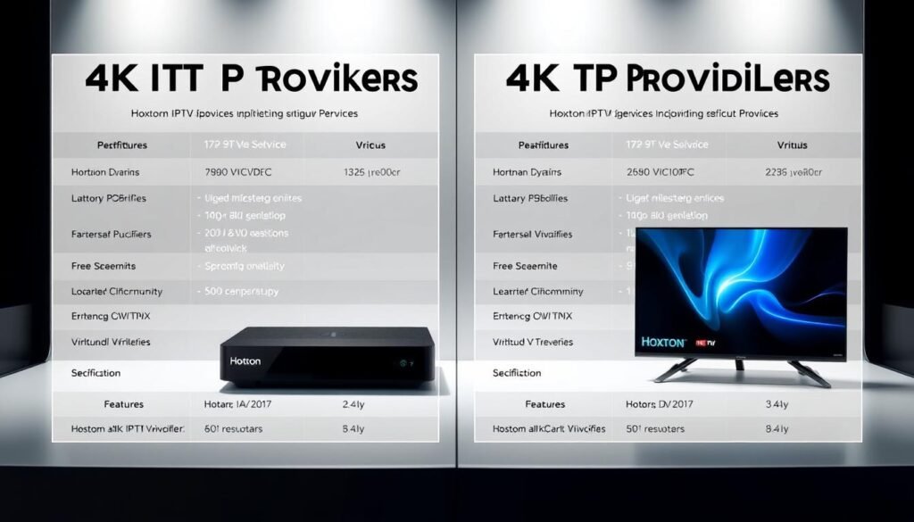A detailed side-by-side comparison of 4K IPTV providers, showcasing their features, pricing, and performance. The image should depict a well-lit, high-quality product display with the Hoxtoon Provider prominently featured alongside its competitors. The foreground should highlight the key specifications of each service, while the background should convey a sense of technological sophistication through sleek, minimalist design elements. Soft, directional lighting should emphasize the crisp details of the 4K streaming devices and user interfaces. The overall atmosphere should communicate a sense of informed decision-making for the prospective IPTV consumer.