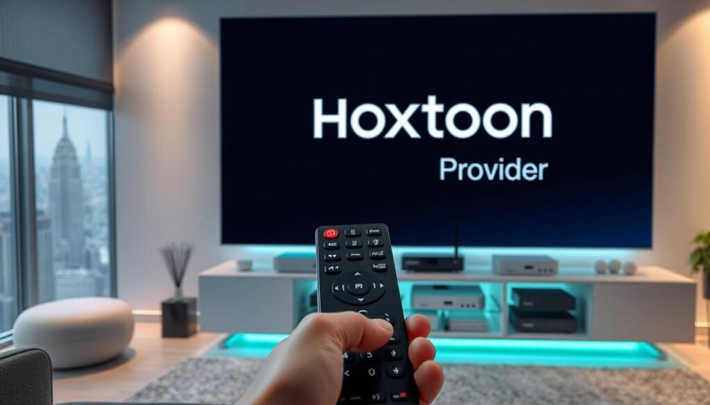 A digital living room with a large 4K smart TV prominently displaying the Hoxtoon Provider logo, surrounded by sleek home entertainment devices. Soft ambient lighting creates a cozy, inviting atmosphere. In the foreground, a hand holding a modern IPTV remote control, hinting at the seamless live TV streaming experience. The middle ground features a minimalist media cabinet housing various streaming boxes and routers, symbolizing the technological advancements powering this digital revolution. The background showcases a panoramic city skyline, representing the global reach and accessibility of this IPTV service.
