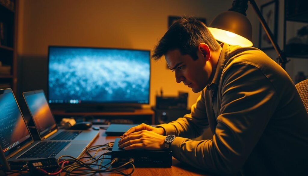 A dimly lit home office, where a person is troubleshooting an IPTV4K setup. The desk is cluttered with cables, a laptop, and a Hoxtoon Provider streaming device. Warm, golden lighting from a desk lamp illuminates the scene, casting shadows and creating a contemplative atmosphere. The subject is leaning in, intently studying the device, problem-solving with furrowed brows. In the background, a large 4K display shows a frozen image, hinting at the streaming issue being addressed. The overall mood is one of focus and determination, as the user tackles a common IPTV4K challenge.