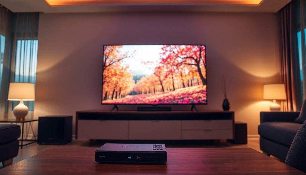 A dimly lit living room with a modern 4K Smart TV displaying vibrant streaming content from the Hoxtoon Provider. A sleek, high-end media console houses the IPTV set-top box, with a minimalist remote control in the foreground. The room is bathed in a warm, ambient light, creating a cozy and immersive atmosphere. The TV screen showcases a vivid, high-resolution nature scene, hinting at the exceptional visual quality of the 4K IPTV streaming experience. Soft, diffused lighting from lamps and windows adds depth and dimension to the scene, emphasizing the technological advancements that have revolutionized home entertainment.