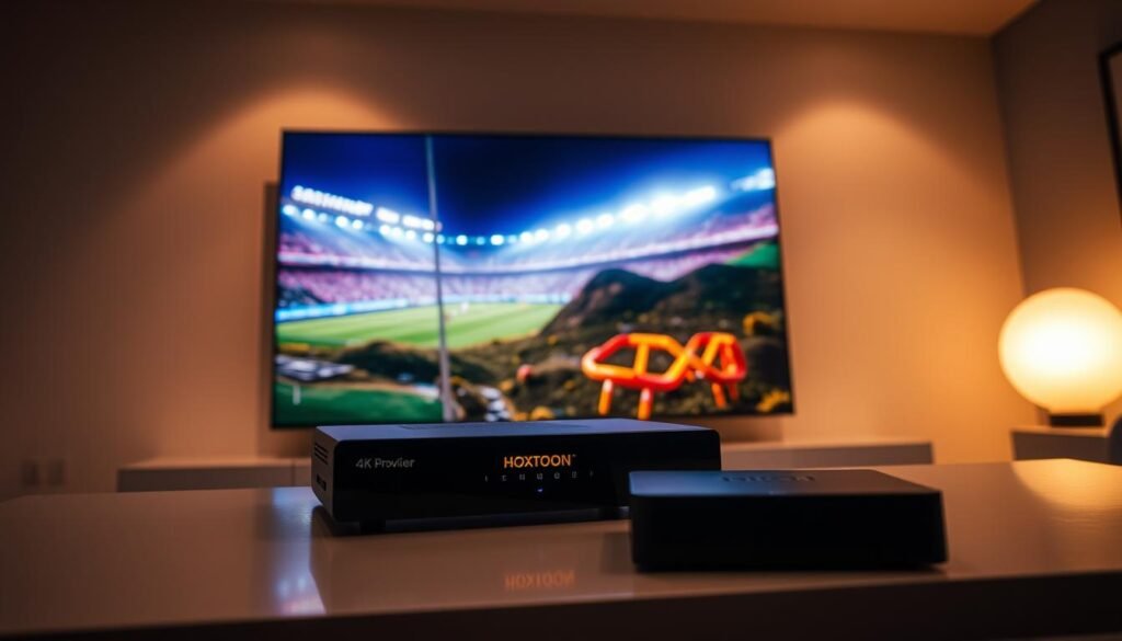 A dynamic 4K IPTV streaming setup, featuring a sleek black Hoxtoon Provider set-top box and a large, high-resolution 4K TV displaying a vibrant live feed. The environment is modern and sophisticated, with indirect lighting casting a warm glow and subtle reflections on the surfaces. The TV screen showcases a crisp, detailed image of a live sports event or nature documentary, immersing the viewer in a captivating visual experience. The overall atmosphere conveys the power and innovation of 4K IPTV technology, harnessing the latest advancements for a truly cinematic home entertainment experience.