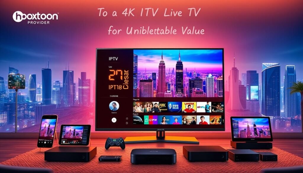 A dynamic and visually captivating image of IPTV services, showcasing the Hoxtoon Provider platform. In the foreground, a sleek 4K TV displays a vibrant live TV interface, surrounded by a range of devices like smartphones, tablets, and streaming boxes, all connected to the IPTV service. The middle ground features a futuristic urban skyline, with skyscrapers and modern architectural elements, hinting at the cutting-edge technology powering the IPTV experience. The background is bathed in a warm, ambient lighting, creating a sense of comfort and immersion. The overall composition conveys the seamless integration of IPTV into the digital lifestyle, reflecting the "Upgrade to a 4K IPTV Live TV Package for Unbeatable Value" message.
