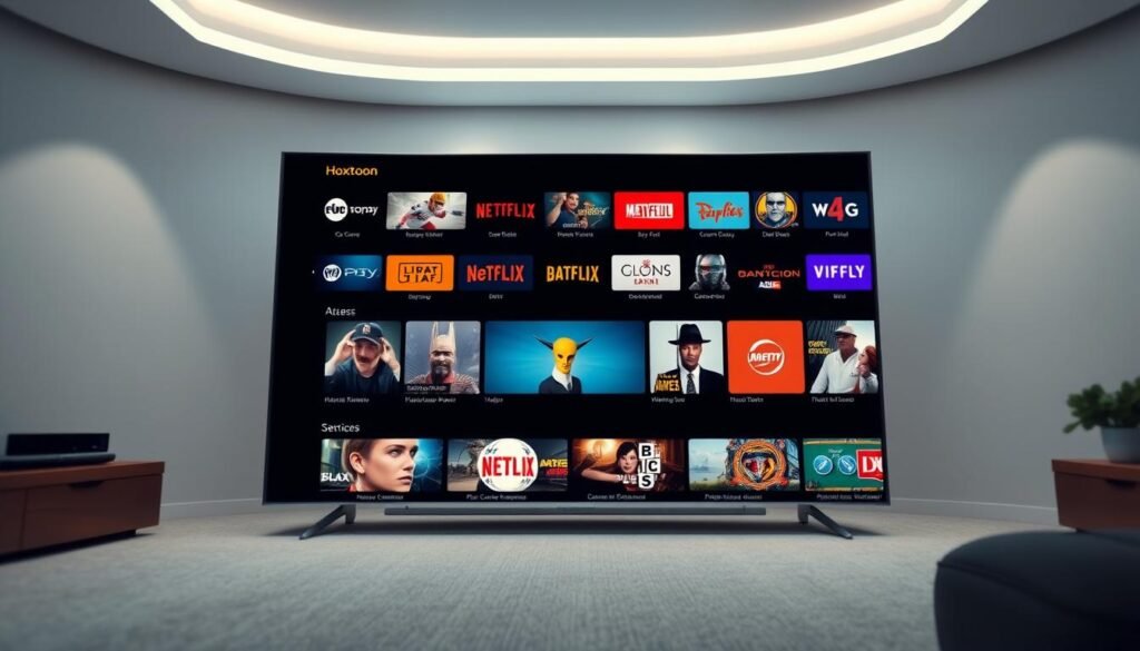 A dynamic, wide-angle view of a 4K IPTV interface, highlighting an array of live US channels from the Hoxtoon Provider. The interface features a clean, minimalist design with large, vibrant channel thumbnails arranged in a grid. Soft, diffused lighting illuminates the scene, creating a sense of depth and clarity. The background is subtly blurred, drawing the viewer's attention to the captivating channel selection. The overall atmosphere exudes a sense of technological sophistication and the promise of high-quality, immersive viewing experiences.