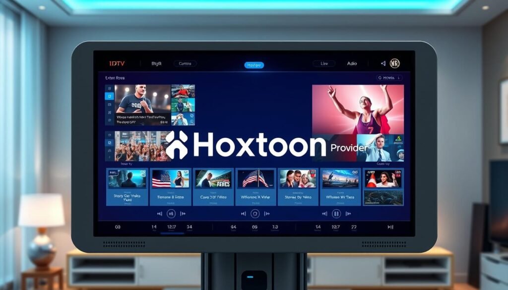 A futuristic 4K IPTV control panel with the Hoxtoon Provider logo prominently displayed. The panel features sleek touchscreen interfaces, dynamic visualizations of live TV channels, and intuitive controls for adjusting video quality, audio, and other settings. The background is a softly lit, high-tech environment with hints of a modern living room or home entertainment space. The overall scene conveys the evolution of television technology, transitioning from traditional cable to the seamless 4K IPTV streaming experience offered by Hoxtoon Provider.
