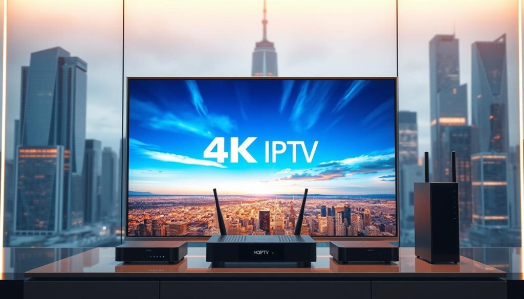 A futuristic 4K live IPTV technology display showcasing the Hoxtoon Provider brand. A sleek, high-resolution screen dominates the foreground, showcasing crystal-clear 4K video playback with vibrant colors and deep blacks. Surrounding the screen, a minimalist, brushed metal frame creates a clean, modern aesthetic. The middle ground features various IPTV hardware components, including a set-top box, router, and high-speed internet modem, all seamlessly integrated. The background depicts a cityscape with towering skyscrapers, hinting at the robust infrastructure required to deliver reliable, high-quality 4K IPTV services. Subtle lighting from the screen and hardware creates a warm, futuristic ambiance, highlighting the advanced technology on display.
