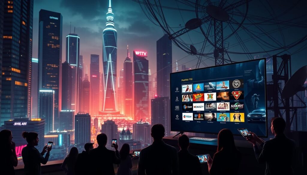 A futuristic cityscape at night, with towering skyscrapers and a vibrant neon-lit urban landscape. In the foreground, a sleek and modern Hoxtoon Provider IPTV set-top box connected to a large 4K television, showcasing the evolution of home entertainment technology. The middle ground features silhouettes of people enjoying a wide variety of live international TV channels on their smart devices, capturing the global reach of IPTV. The background is filled with a network of intertwined cables and satellite dishes, representing the complex infrastructure that powers this advanced streaming technology. The scene is illuminated by a warm, cinematic lighting, creating a sense of progress and innovation.