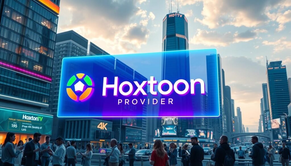 A futuristic cityscape with sleek high-rise buildings, neon accents, and a vibrant energy. In the foreground, a large holographic display showcases the "Hoxtoon Provider" brand, its logo and signature colors radiating a sense of technological innovation and premium quality. The midground features people interacting with mobile devices, enjoying seamless 4K IPTV streaming, while the background is filled with a bustling metropolis, hinting at the broad reach and reliability of Hoxtoon's comprehensive IPTV services. The scene is lit by a combination of natural daylight and cool, artificial illumination, creating a dynamic, futuristic atmosphere that captures Hoxtoon's position as the top IPTV provider in the USA.