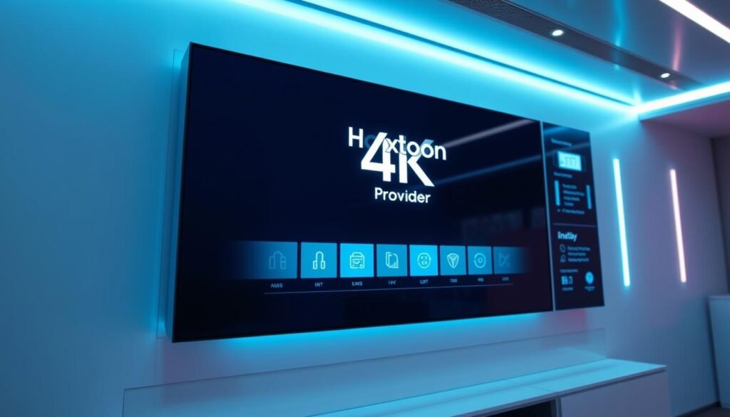 A futuristic, high-tech 4K IPTV control panel, featuring a sleek Hoxtoon Provider logo, glowing digital displays, and a minimalist interface. The image showcases the evolution of television, with a clean, modern aesthetic that hints at the cutting-edge technology behind 4K IPTV. The lighting is cool and crisp, with a soft glow emanating from the displays, creating a sense of sophistication and advanced capabilities. The camera angle is slightly elevated, providing a perspective that emphasizes the technological prowess of the 4K IPTV system.