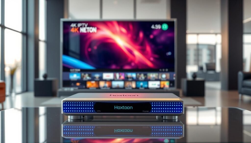 A futuristic, high-tech scene of the evolution of IPTV and 4K streaming technology. In the foreground, a sleek, minimalist set-top box labeled "Hoxtoon Provider" sits atop a glass table, its blue LED lights pulsing. In the middle ground, a 4K UHD television displays a vivid, crystal-clear image of a live IPTV feed, with no sign of buffering or interruption. The background is a sleek, modern interior with floor-to-ceiling windows, allowing natural light to fill the space and create a warm, inviting atmosphere. The scene conveys a sense of innovation, efficiency, and the seamless integration of advanced streaming technology into the home entertainment experience.