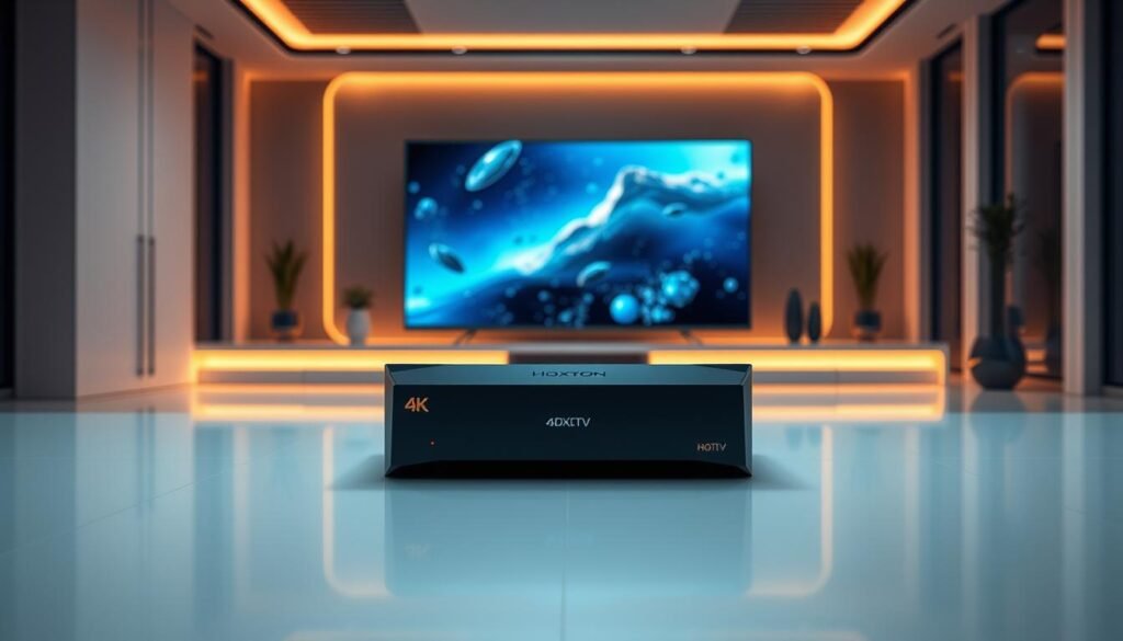 A futuristic, high-tech scene showcasing the power of 4K IPTV technology. In the foreground, a sleek, angular 4K IPTV set-top box from the "Hoxtoon Provider" brand sits prominently, its minimalist design and glowing indicators hinting at the advanced capabilities within. In the middle ground, a widescreen 4K television displays a vibrant, crystal-clear image, immersing the viewer in a lifelike cinematic experience. The background is a sleek, modern living room with clean lines, warm lighting, and subtle technological accents, creating an atmosphere of cutting-edge home entertainment. The overall scene conveys the power, precision, and revolutionary impact of 4K IPTV technology on the future of home viewing.