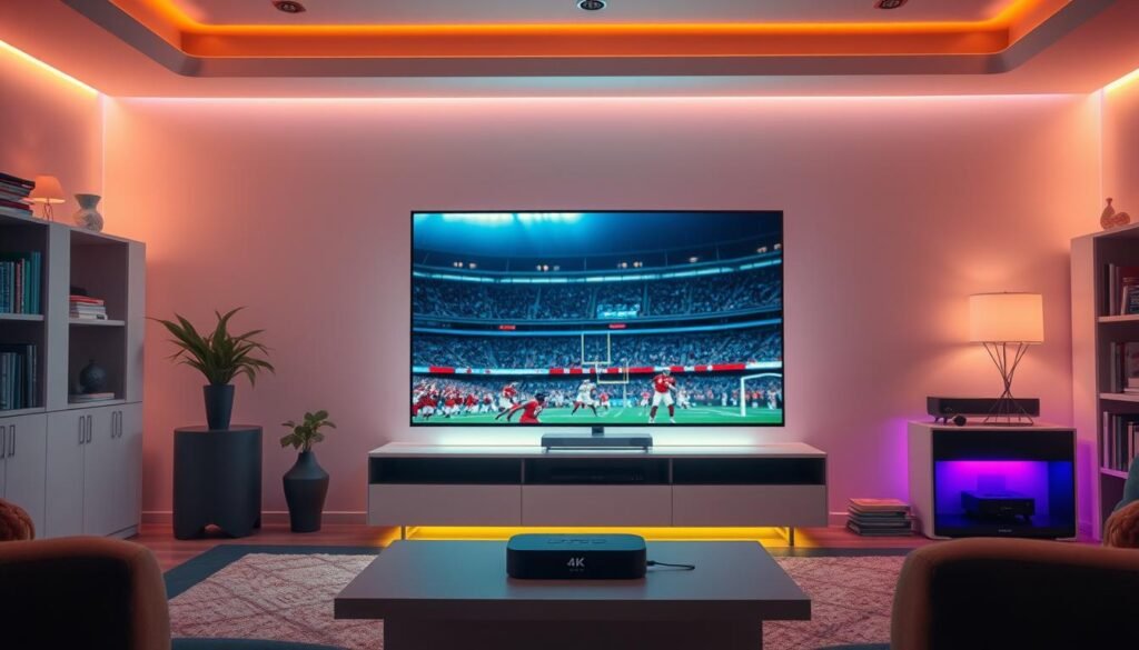 A futuristic living room set with a large 4K smart TV prominently displayed, showcasing the Hoxtoon Provider's IPTV service. The TV screen displays vibrant, high-resolution footage of a live sporting event. The room is bathed in a warm, ambient lighting, creating a cozy and immersive atmosphere. In the foreground, a sleek, modern media console houses the IPTV streaming device. Surrounding the TV, bookshelves and decor elements subtly reinforce the sense of technological advancement and modern home entertainment. The overall scene conveys the evolution of television, transitioning from traditional cable to the cutting-edge IPTV4K experience provided by Hoxtoon Provider.