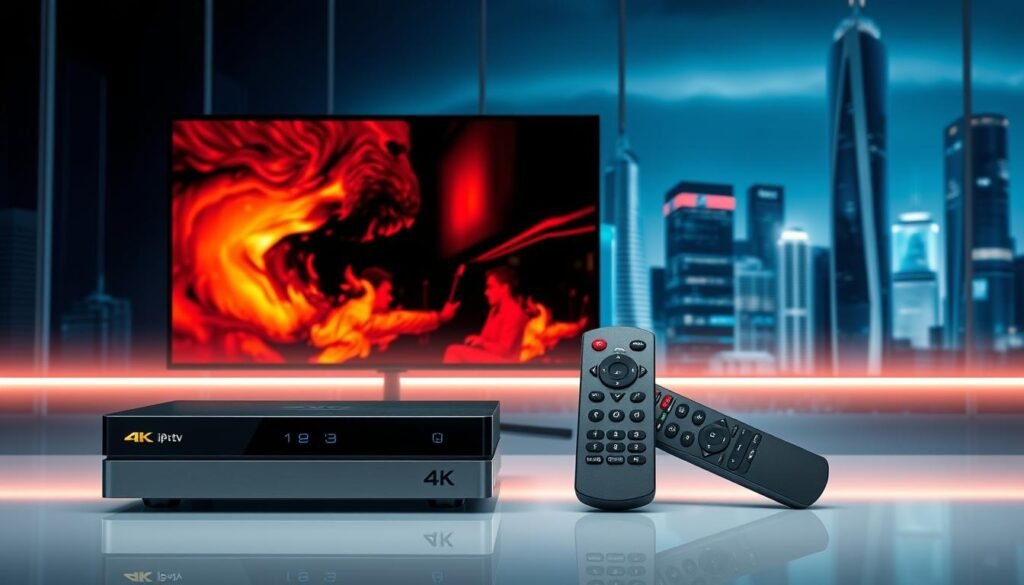 A futuristic scene showcasing the evolution of IPTV technology. In the foreground, a large 4K display showcases vibrant, high-quality live video. In the middle ground, sleek, modern IPTV set-top boxes and remote controls, emblazoned with the Hoxtoon Provider logo, representing the cutting-edge hardware powering this advanced television experience. The background depicts a cityscape with towering skyscrapers, reflecting the urban, connected nature of modern IPTV. The lighting is clean, crisp, and high-contrast, highlighting the technological prowess of this innovative television solution. The overall mood is one of progress, sophistication, and the future of home entertainment.
