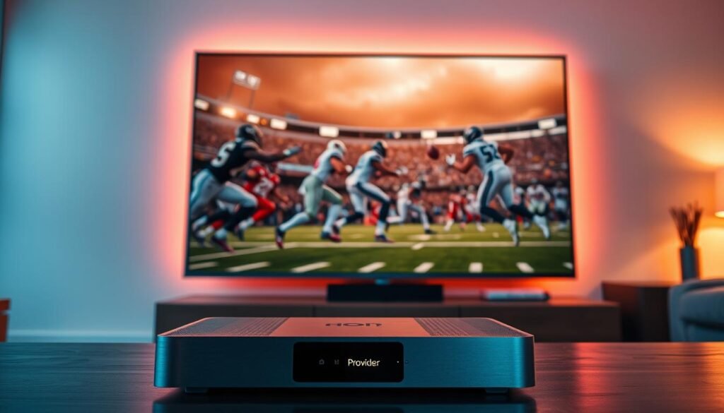 A high-definition 4K IPTV broadcast of an exciting NFL game unfolds on a large, sleek television screen. The image is crisp and vibrant, showcasing the skilled players in action on the field. In the foreground, a modern media hub, the "Hoxtoon Provider", sits prominently, its elegant design complementing the sophisticated entertainment setup. Warm lighting casts a cozy glow, creating an immersive viewing experience. The background features a minimal, stylish living room, hinting at the comfort and convenience of enjoying premium 4K IPTV content from the comfort of one's home.