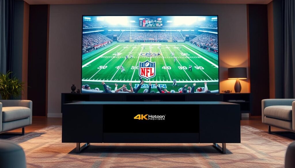 A high-definition 4K NFL broadcast with crisp, vibrant visuals and immersive surround sound. In the foreground, a large flatscreen TV displays the game action, its screen vivid and lifelike. The middle ground features a sleek, modern media console with the Hoxtoon Provider logo prominently displayed, showcasing the latest in 4K streaming technology. The background reveals a stylish, minimalist living room, accented by warm lighting and contemporary furnishings, creating a comfortable and immersive viewing experience. The overall atmosphere conveys a sense of technological advancement and the evolution of premium sports entertainment.